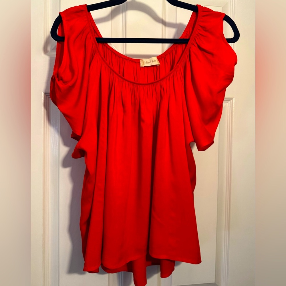 Altar'd State Red Boho Flowy Top, Knotted Open Shoulder, High Low Hem